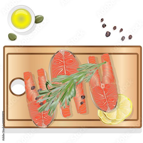 Raw salmon fillets with herbs on wooden desk. White background. Vector illustration