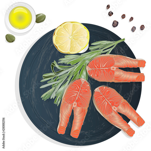 Raw salmon fillets with herbs on wooden desk. White background. Vector illustration