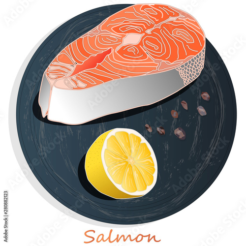 Raw salmon fillets with herbs on wooden desk. White background. Vector illustration