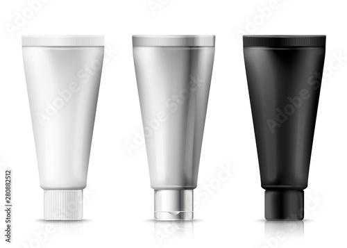 Vector set - 3d realistic cream tubes, plastic white, aluminum, and black standing on the caps. Mock-up for product package branding.