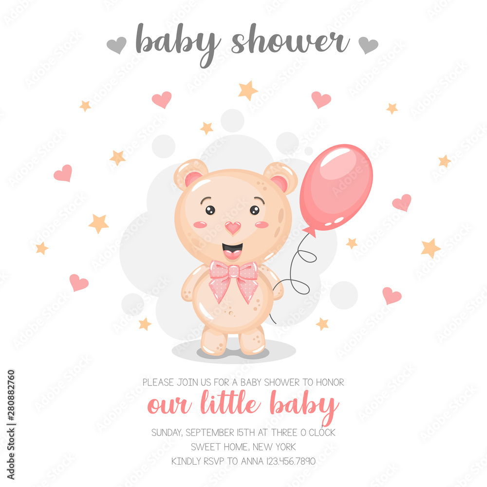 Cute bear with balloon. Baby shower invitation.