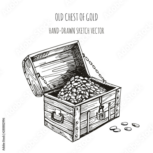 Pirate chest. Antique wooden chest with lock and gold coins.