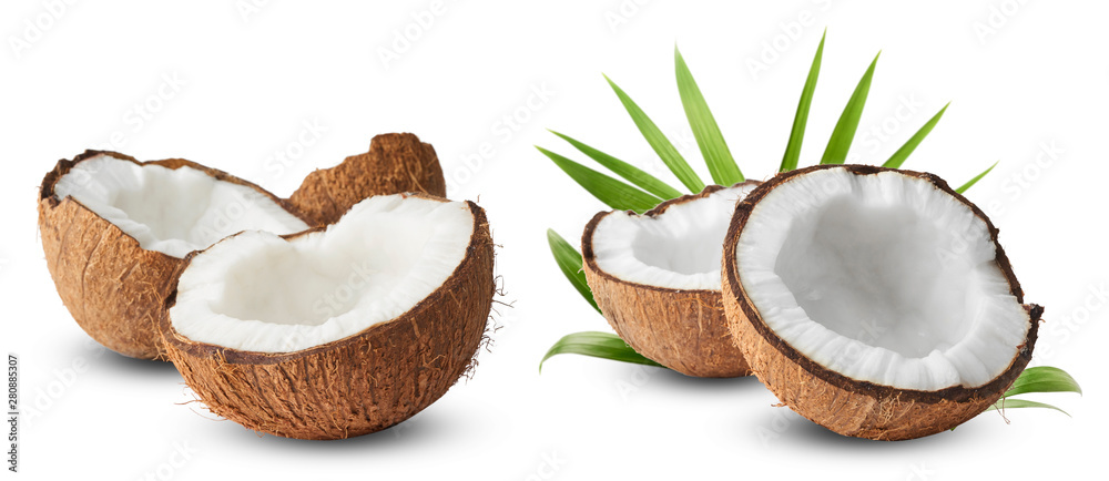 Set with Fresh raw coconut with palm leaves isolated on white background. - obrazy, fototapety, plakaty 