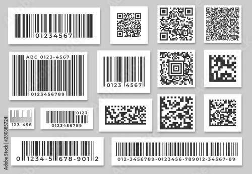 Barcode labels. Code stripes sticker, digital bar label and retail pricing bars labeling stickers. Industrial barcodes, customers qr code. Isolated symbols vector set photo