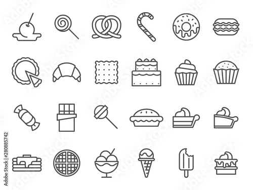 Sweet dessert icons. Sweetly cake, sweets ice cream and muffin cakes. Desserts line art pancakes, celebration chocolate cookies or cheesecream tart bakery dessert. Isolated vector icon set