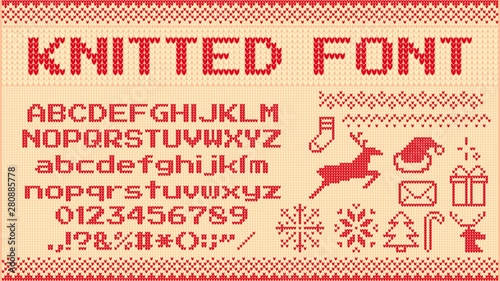 Winter sweater font. Knitted christmas sweaters letters, knit jumper xmas pattern and ugly sweater knits. Norwegian holiday knit sweater abc and number, new year jumper vector illustration signs set photo