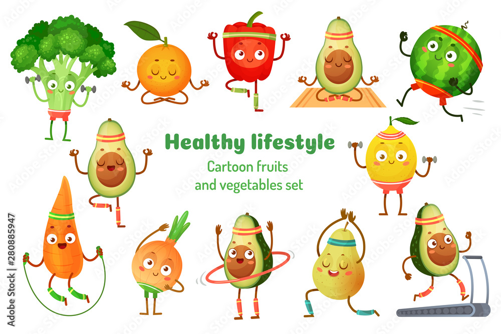 Sport fruits and vegetables. Healthy lifestyle mascots, fruit sports exercise and avocado yoga