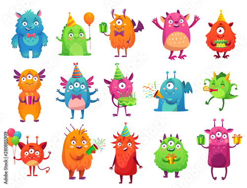 Cartoon party monsters. Cute monster happy birthday gifts, funny alien mascot and monster with greeting cake. bigfoot, troll and silly alien toys. Isolated vector illustration icons set