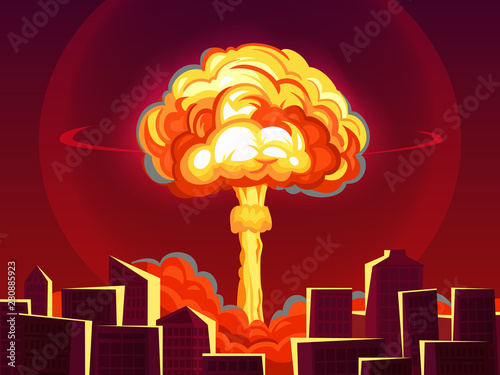 Nuclear explosion in city. Atomic bombing, bomb explosion fiery mushroom cloud and war destruction. Apocalipce detonation, dangerous destruction war technology comic cartoon vector illustration