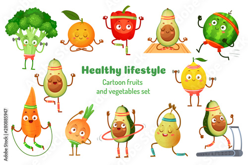 Sport fruits and vegetables. Healthy lifestyle mascots, fruit sports exercise and avocado yoga workout. Gym fitness vegetable charecter. Cartoon isolated vector illustration icons set