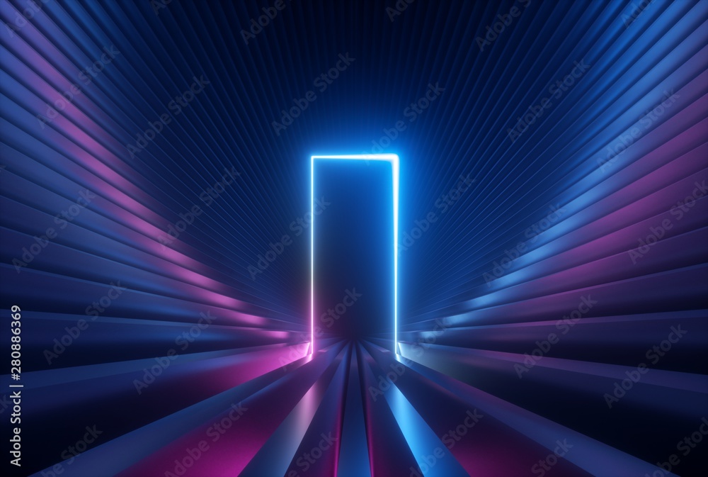 3d render, blue pink neon abstract background with glowing arch ...