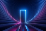 3d render, blue pink neon abstract background with glowing arch, rectangular shape, ultraviolet light, laser show performance stage, wall reflection