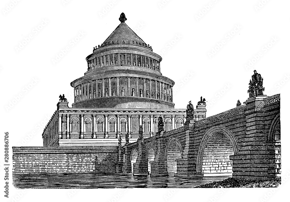 Ancient Rome: reconstruction of  Mausoleum of Hadrian in the antiquity  on the Tiber river, later named Castel S. Angelo and used by the pope as fortress and castle