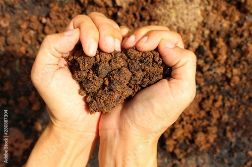 Young women clutching the soil in the hands, brown soil background