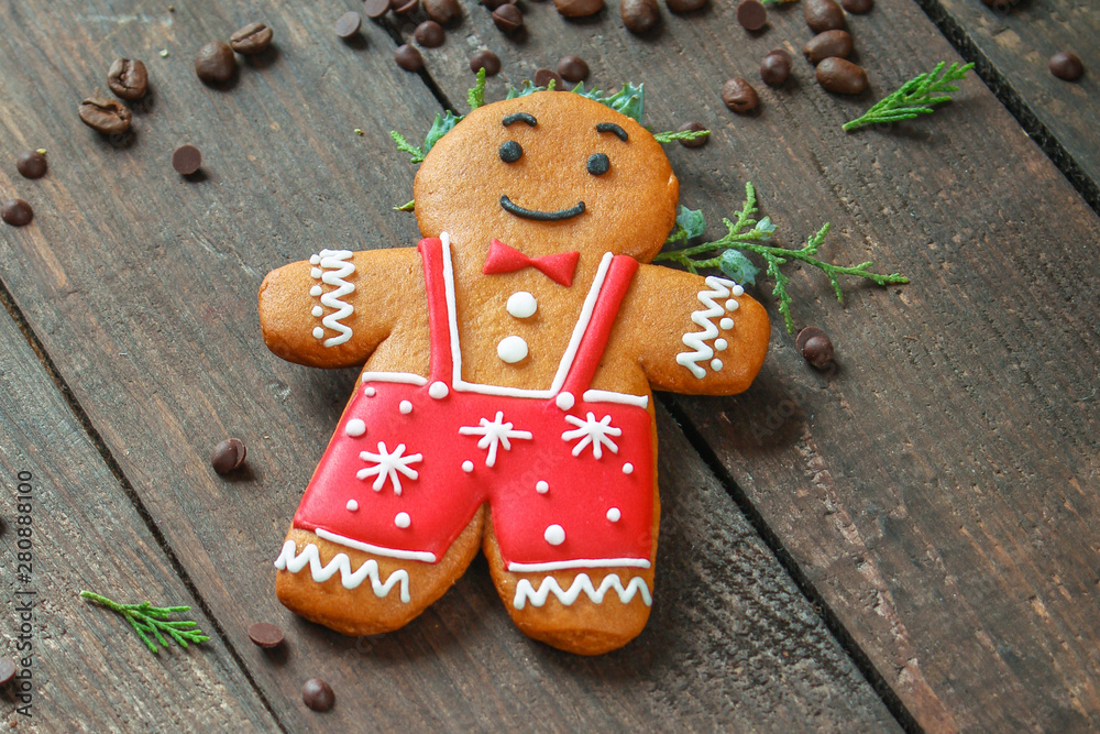 gingerbread, coffee and coffee beans (festive atmosphere christmas) happy new year. top food, background. copy space