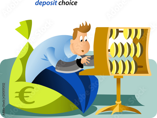 Vector illustration with a cartoon bank employee, in the image of an accountant counting accounts.  This is a white man who symbolically calculates how profitable it is to make a cash deposit.