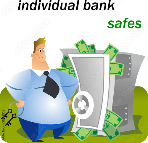 Vector illustration with a cartoon bank employee who advertises the reliability of an individual bank safe for a bank client.