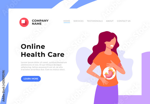 Woman character holding abdomen and feel pain. Heartburn and stomach problems web banner page concept. Vector flat cartoon graphic design illustration