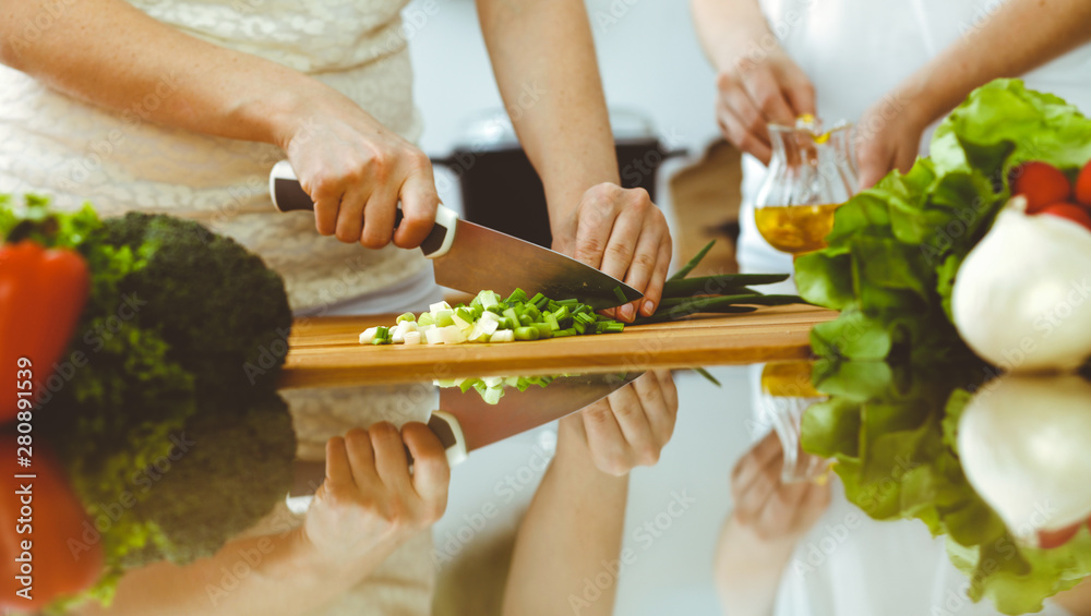 Closeup of human hands cooking in kitchen. Mother and daughter or two female friends cutting vegetables for fresh salad. Friendship, family dinner and lifestyle concepts Closeup of human hands cooking in kitchen. Mother and daughter or two female friends cutting vegetables for fresh salad. Friendship, family dinner and lifestyle concepts