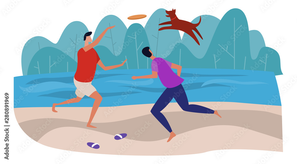 Men are playing frisbee with the dog on the beach near the sea. Having fun and active resting together outside. Flat cartoon vector illustration.