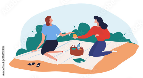 Women have picnic on the beach. Resting outside having some meal together, families and couples having lunch. Flat cartoon vector illustration.