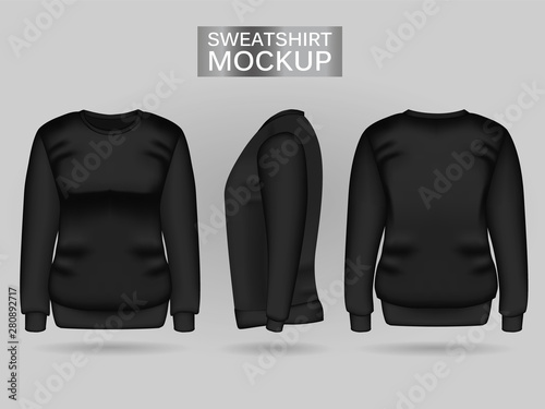 Blank women's black sweatshirt in front, back and side views. Vector illustration. Realistic female clothes for sport and urban style