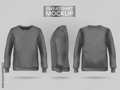 Blank men's gray sweatshirt in front, back and side views. Vector illustration. Realistic male clothes for sport and urban style