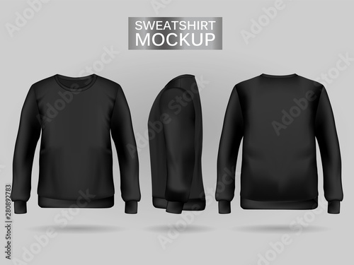 Blank men's black sweatshirt in front, back and side views. Vector illustration. Realistic male clothes for sport and urban style