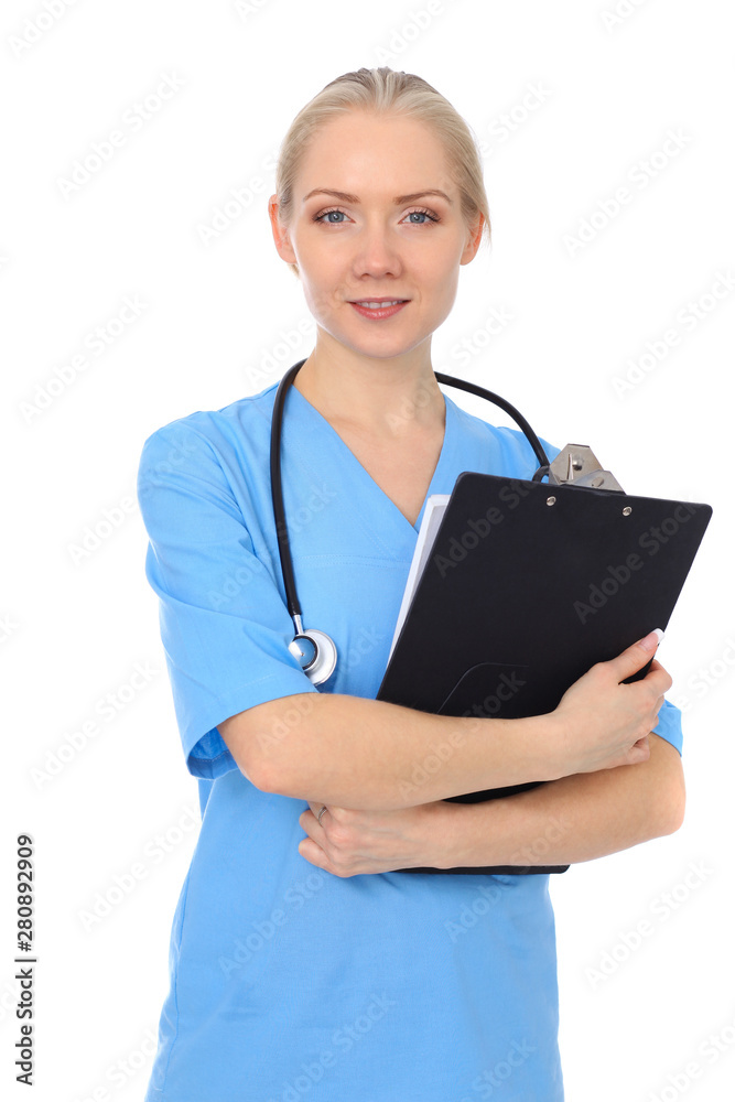 Doctor woman or nurse isolated over white background. Cheerful smiling medical staff representative. Medicine concept Doctor woman or nurse isolated over white background. Cheerful smiling medical staff representative. Medicine concept