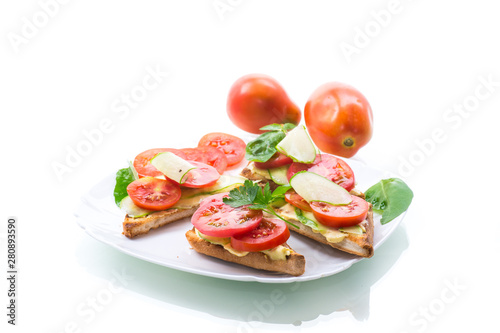 tasty sandwich with curd paste, fresh cucumbers and tomatoes