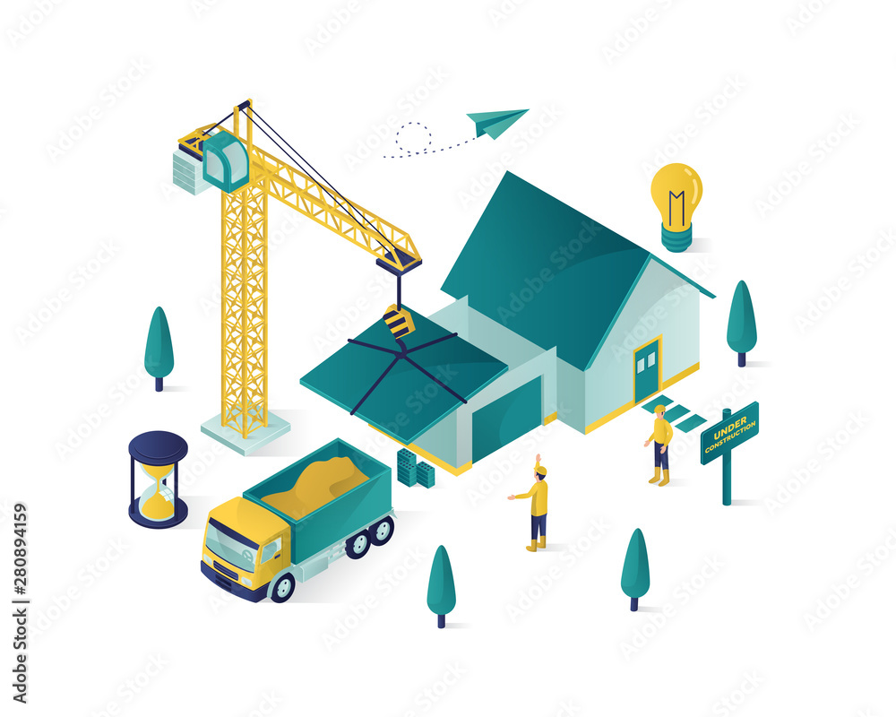 real estate construction isometric illustration, under construction vector with people working