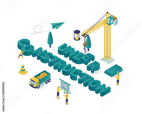 under construction isometric illustration, under construction vector with people working