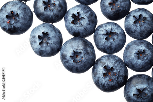 Fresh selected blueberries isolated on white background. Top view pattern