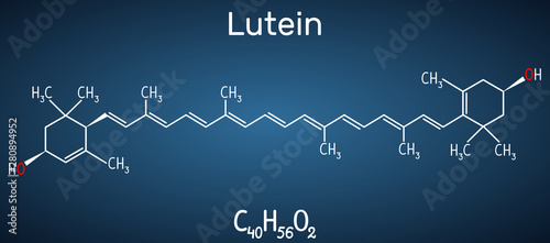 Lutein, xanthophyll molecule. It is type of carotenoid. Structural chemical formula on the dark blue background photo