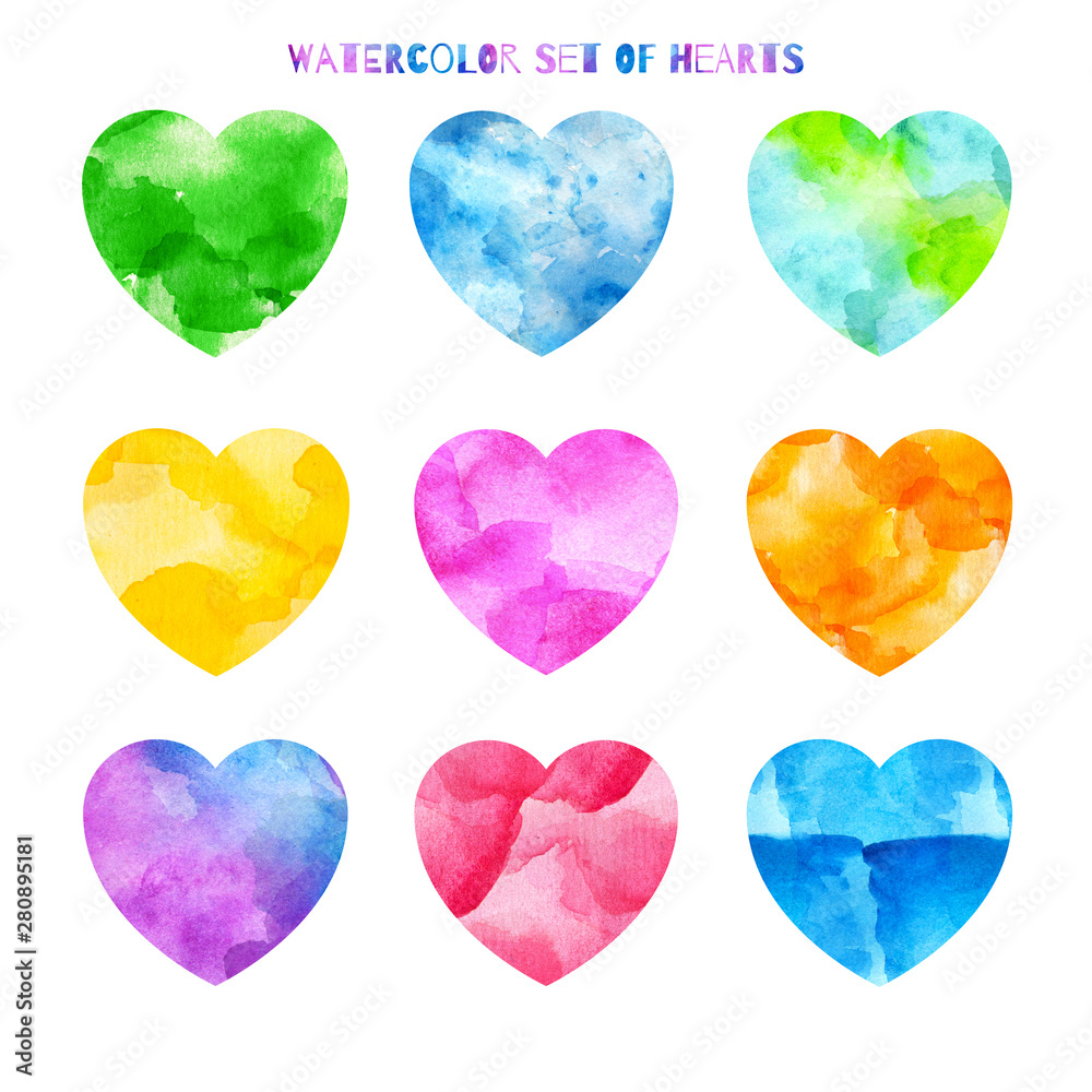 A set of hearts of different colors in watercolor