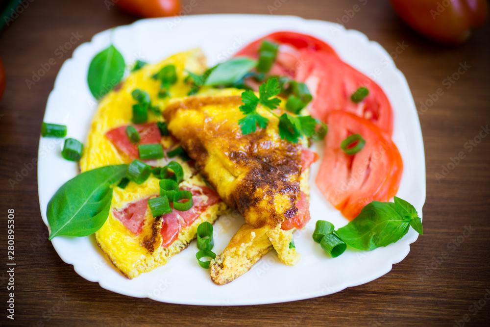 fried omelet from homemade organic eggs with tomatoes and green onions fried omelet from homemade organic eggs with tomatoes and green onions