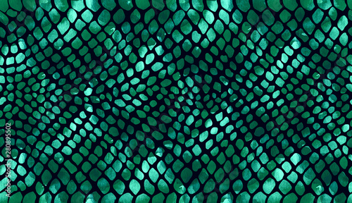 Texture of snake skin green on a dark background in watercolor