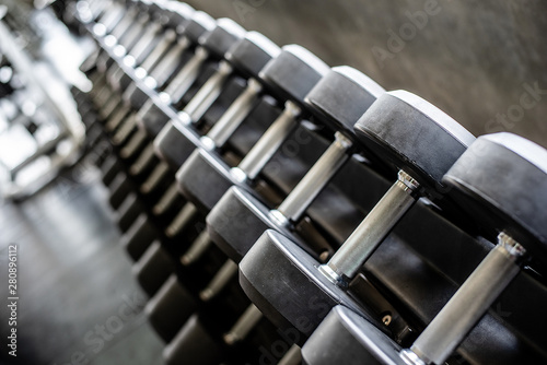 Row of dumbbells in the gym