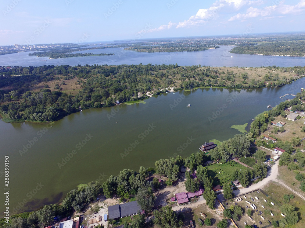 Fototapeta premium Aerial drone view of Kiev cityscape, Dnepr river.