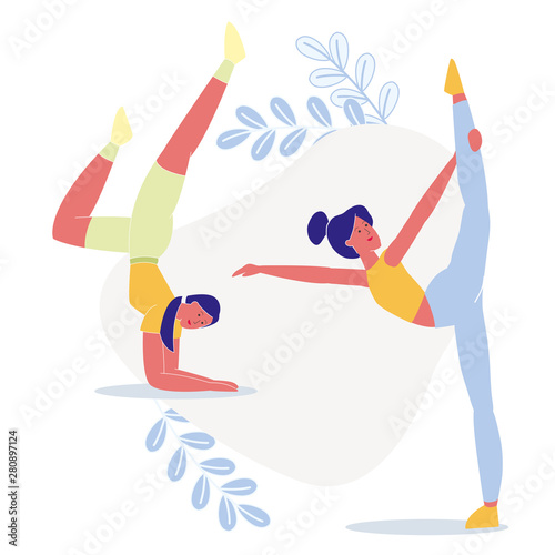 Women do Yoga Together Flat Vector Illustration