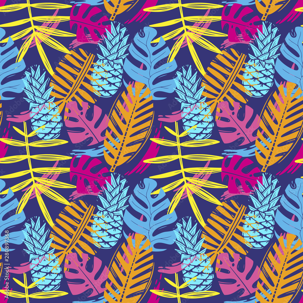 Abstract seamless vector tropical leaves pattern for girls, boys, clothes. Creative background with jungle. Funny botanical wallpaper for textile and fabric. Fashion style. Colorful bright