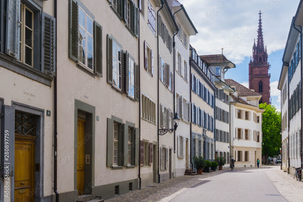 Street scene showing a row of old houses in the swiss city of basel
