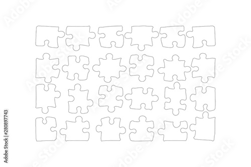 Pieces of the puzzle - hand drawing. Background of 24 uneven asymmetrical hand-drawn elements of JigSaw. Vector flat illustration with separated elements in cartoon style. Business or child pattern.