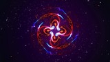Abstract shining particle flower circle patterns 3D illustration. Vibrant fireworks light symmetric glowing patterns flow in waves. Colorful motion graphics overlay graphic VFX element