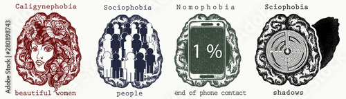 Psychology collection. Caligynephobia, sociophobia, nomophobia, sciophobia. Fear of beautiful women, people, end phone contact, shadows. Psychological vector illustration. Psychiatry art