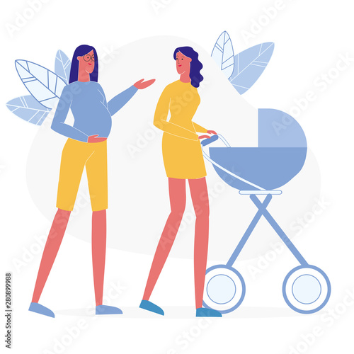 Happy Mothers on Stroll Flat Vector Illustration