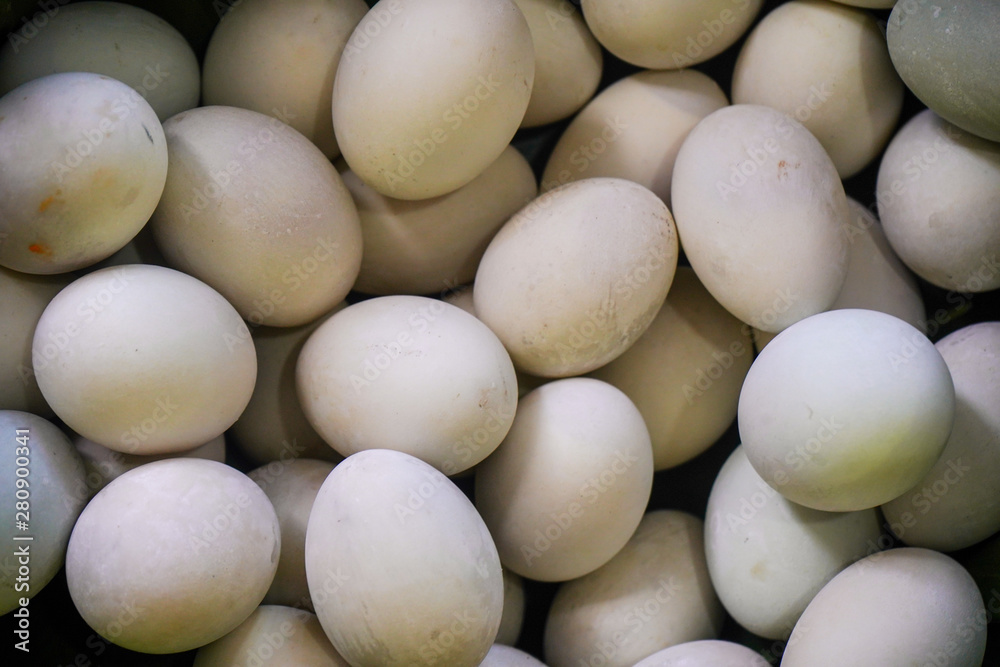 background of fresh eggs for sale at a market. Group of organic free range chicken eggs