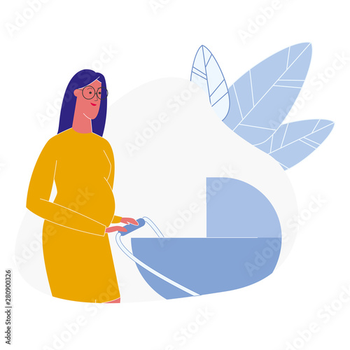 Woman with Baby Carriage Flat Vector Illustration