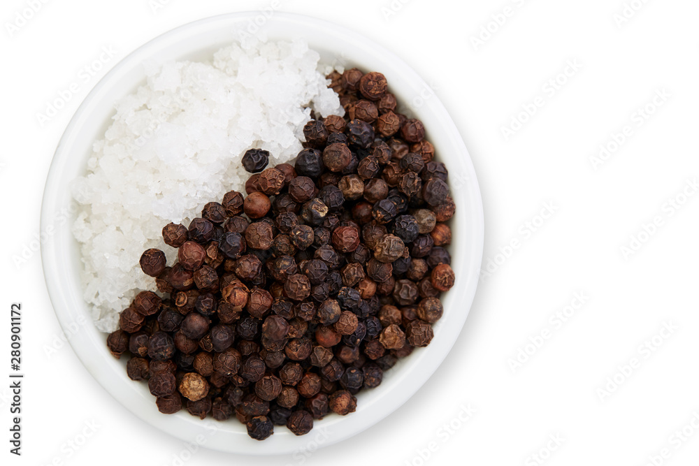 Bowl of black pepper with salt on white Bowl of black pepper with salt on white