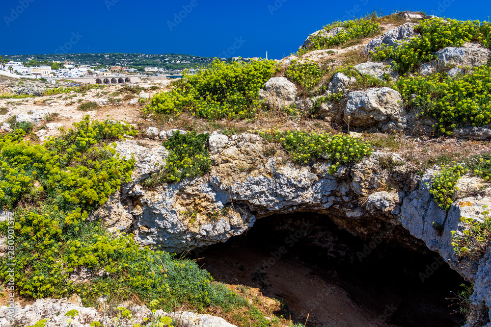 Cave at Punta Ristola, Santa Maria di Leuca in the background, Province of Lecce, Apulia, Italy